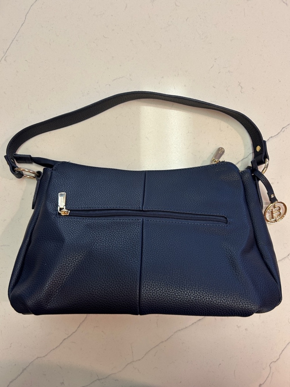Bostanten Pebbled Navy Shoulder Bag with Gold Charm